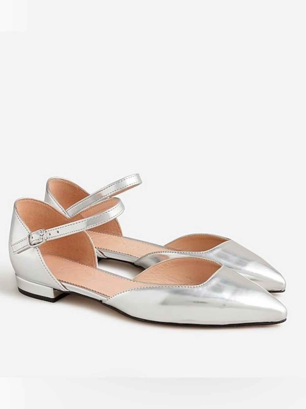 J. Crew Silver Metallic Leather Pointed-Toe Ankle-Strap Flats